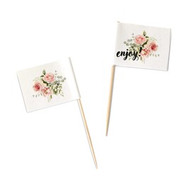ECOFIESTA 50 x Finger Food Skewers Mini Flags 3 x 4 cm Roses & Eucalyptus - Cocktail Skewers Made of Wood and Paper Plastic-Free - Buffet Accessories, Party Skewers
