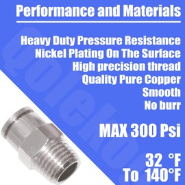Qolekog Pneumatic Push To Connect Fittings Heavy Duty Straight 1/2 inch Tube OD x 1/4" NPT Male Thread Nickel Plated Copper PC-1/2-N2 (5Pcs)