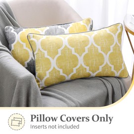 Beauoop Decorative Chenille Throw Pillow Covers with Moroccan Quatrefoil Geometric Double-Sided Print Rectangle Soft Pillow Cases for Couch, Sofa, Living Room, Bedroom, 20"x12", Set of 2, Yellow Gray