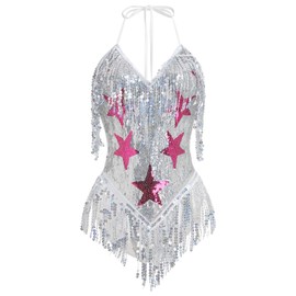 IWEMEK Sequin Sparkle Stars Fringes Bodysuit Leotard Rave Outfit for Women Music Festival Latin Dance Tassel Fringe Romper, Silver, Small