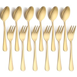 12 PCS Forks and Spoons Set, Stainless Steel Gold Silverware Set, Flatware Cutlery Set 6 Forks (5.35 inch), 6 Spoons(5.25 inch) for Home and outdoor