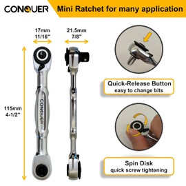 CONQUER Mini Combo Dual Ratchet Wrench with 1/4" Square Drive and Bit Drive High 72-Tooth Gear Head and Spin Disk for Tight Spaces