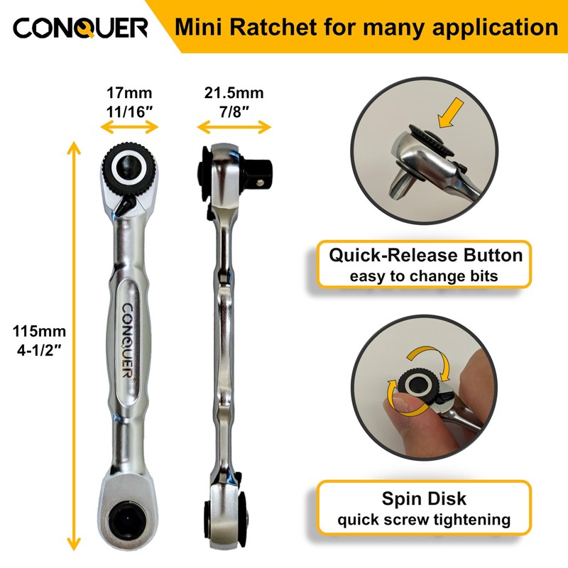 CONQUER Mini Combo Dual Ratchet Wrench with 1/4" Square Drive