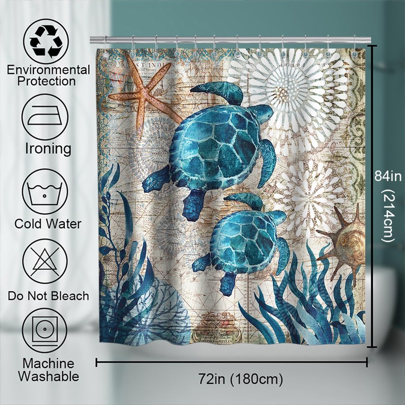 Final Friday Nautical Shower Curtain Teal Sea Turtles Theme Fabric