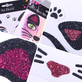 Ecuupas Cute Cat Face Sticker Cartoon Animal Face Gems Sticker Glitter Crystals Face Art Stickers Kid Face Eye Decoration for Makeup Face Sparkling Party Face Sticker 2Pcs, 5x4.7