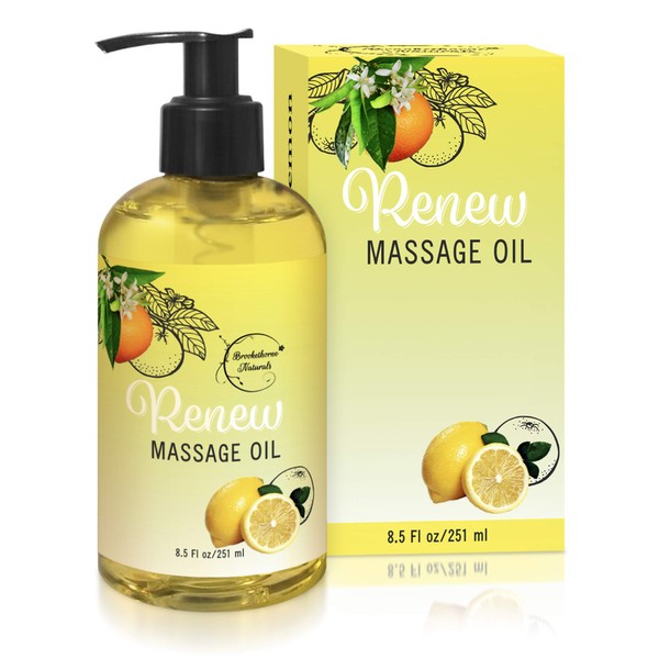 Renew Massage Oil with Orange, Lemon & Peppermint Essential Oils - Great for Massage Therapy or Home use. Ideal for Full Body – with Almond, Grapeseed & Jojoba Oils – by Brookethorne Naturals