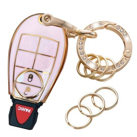 EJOAOJE Key Protective Shell for Dodge Key Fob Cover with Keychain Fit for Dodge RAM 1500 2500 3500 Grand Caravan Journey Durango Jeep Grand Cherokee Smart Key Accessories (Pink-Gold, 3-Button)