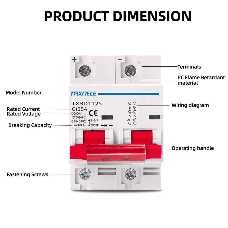 DC MCB Miniature Circuit Breaker 2P 80A 100A 125A 600V