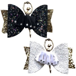 2pcs Glitter Hair Bows Clips Slides GripsBlack & White Gold Ballerina 3.5" Inch Handmade Hairbows for Woman and Girls