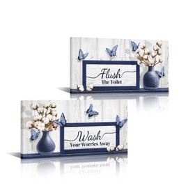 Visual Art Decor Bathroom Pictures Farmhouse Bathroom Quote Signs Toilet Wall Decor, Framed 6x12inchx2 Pieces (Blue)