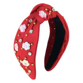 Gmmidea Flower Knotted Headbands for Women Sparkly Beaded Crystal Floral Headband Wide Top Knot Fancy Embellished Hairband Fashion Girls Summer Holiday Hair Accessories B-Red