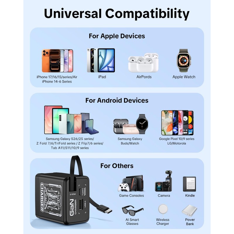 W & O Retractable Phone Charger with USB C Cable