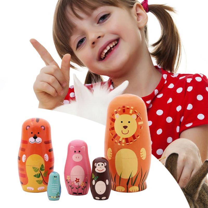 5PCS Animals Russian Dolls Cute Cartoon Animal Pattern Doll Gifts