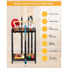 EXTCCT Billiards Pool Stick Holder - Pool Cue Rack Floor Stand & Ping Pong Paddle Holder Hardwood Pool Cue Holder for 12 Cues Sticks Pool Table Accessories Organizer (Black)
