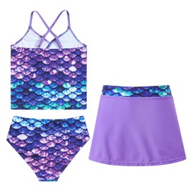 Girls Tankini Swim Suit 3 Piece Girls Mermaid Swim Suit 8-10 Blue Swimwear 9-10 Years Old Bathing Suit Set with Cover Skirt for Summer Beach