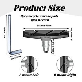 2 Pairs V Bike Brake Pads, 1 hexagonal spanner included, Long 70mm Rubber Durable V-Brake Pads for Mountain Bicycle for Road Bikes Mountain Bikes