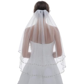 2T 2 Tier Pearls Silver Crystal Beaded Veil - Light Ivory Fingertip Length 36" V417