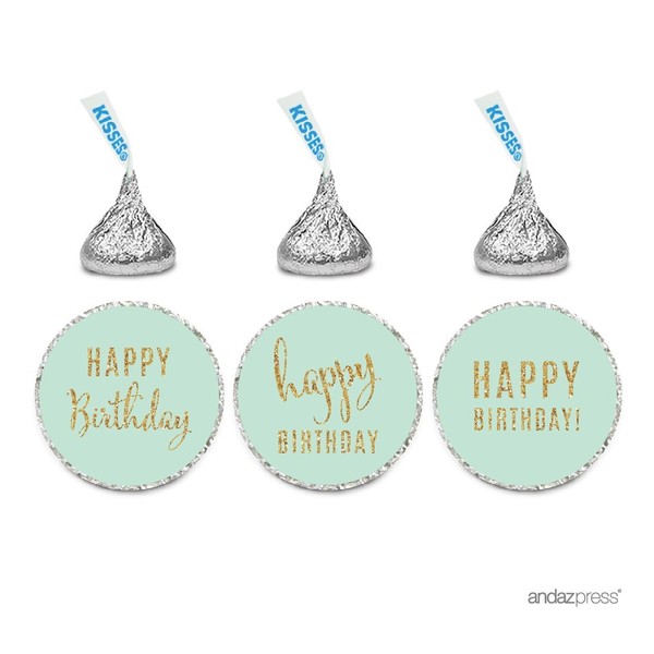 Andaz Press Gold Glitter Print Chocolate Drop Labels Stickers, Happy Birthday, Mint Green, 216-Pack, Not Real Glitter, for Kisses Party Favors