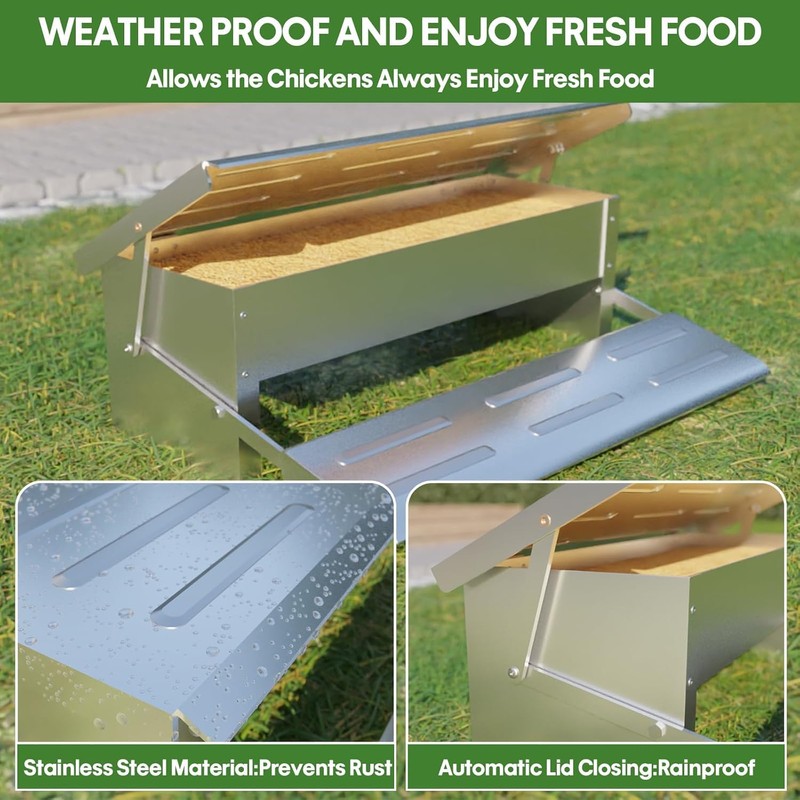 Stainless Steel Automatic Chicken Feeder, Treadle Chicken Feeder with Weatherproof