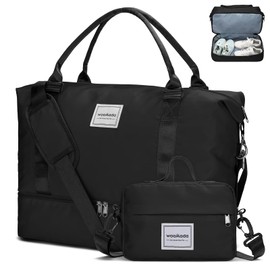 WOOMADA Weekender Bag for Women, Travel Carry On with Shoe Compartment, Hospital Mom Bag, Overnight Travel Duffle in Black, 19.7 x 8.7 x 13.8 inches