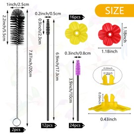 38 cepillos de limpieza para comedero de colibrí de 3 tamaños con 16 comederos de colibríes, flores de repuesto, color blanco, rojo, amarillo, piezas de repuesto para pájaros, puertos de alimentación, piezas de comedero de colibrí de nailon (cepillo rect