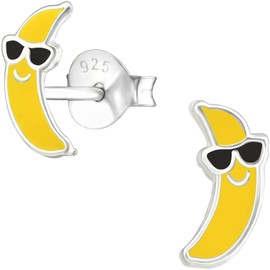 JAYARE Children's Banana Stud Earrings 925 Sterling Silver with Enamel 9 mm Girls Earrings in Jewellery Case, Sterling Silver, None