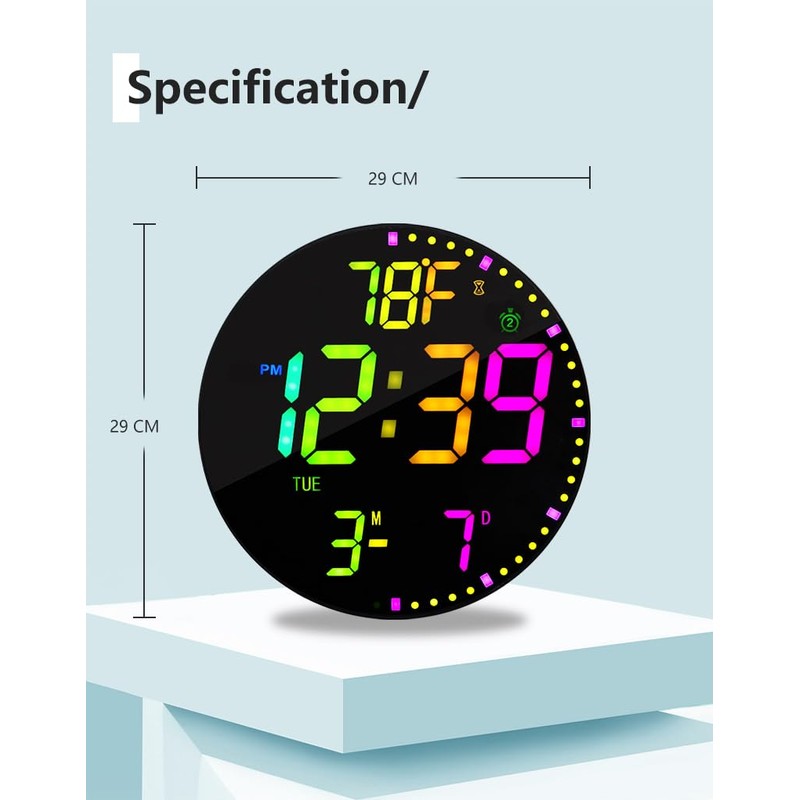 Large 12" Modern RGB Colorful LED Wall Clock, Large Digital