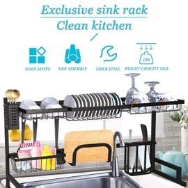 LOPOO Over The Sink Dish Drying Rack, Stainless Steel Kitchen Storage Shelf, Drainer Organizer, Black