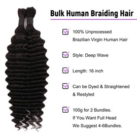 Boho Braids Human Hair Extensions 2Bundles 100g No Weft Human Braiding Hair for Knotless Braids Wet and Wavy Deep Wave Bulk Human Hair For Women (1B#, 16Inch 100g(50gx2Bundles))