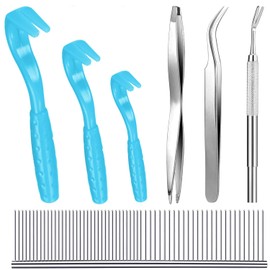 7 Pcs Tick Removal Tool Kit, Include 3 Pcs Plastic Removers, 3 Pcs Stainless Steel Tick Remover Tweezers and 1 Pcs Comb, for Pet Dog and Cats(Blue)