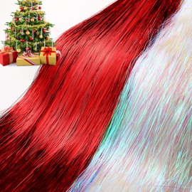Lyrow 20000 Strands 20" Christmas Tinsel Icicle Strand Garlands Iridescent Xmas Tree Tinsel Strands Christmas Tree Decoration Holiday Birthday Supplies(Red, White)