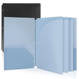 Plastic Pocket Folders，2 Pockets and 3 Dividers, Letter Size – Fits 3-Ring Binders – School Folders for Students & Office Use – Black & Haze Blue
