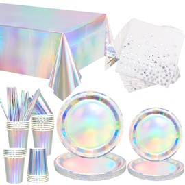 Obussgar Pack of 106 Birthday Party Tableware Set Including Tablecloth Plates Cups Napkins Straws for Birthday, Disco, Wedding, 80s Party (20 Guests)