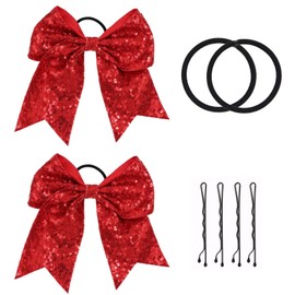 Sequin Red Cheer Bow, 2 PCS 7 Inch Large Sequins Cheer Hair Bows Ponytail Holder Elastic Band Handmade for Cheerleaders Teen Girls College Sports (Sequin Red)