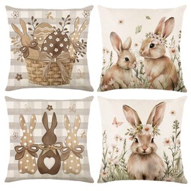 YEWCEP Set of 4 Easter, Easter Decoration, Modern, Easter Decoration, 45 x 45 cm, Rabbit Flower Decoration, Cushion Cover, Green, Decoration, Cushion Cover, Sofa, Bedroom, Living Room, Garden, Home