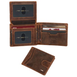 Marc Peter Wallet for Men Slim Bifold RFID Blocking with 2 ID Window up to 14 cards Minimalist Front Pocket Full Grain Leather Wallet and Gift Box, Rustic Crazy Horse, Slim Wallet
