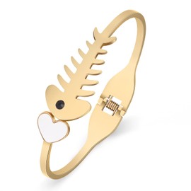 YAYAKO Fishbone Cat Bracelet Bangle Stainless Steel 18k Gold Bracelet for Women Girls Jewelry Dainty Bracelet Charms Cat Gifts (Gold Fishbone Bracelets)
