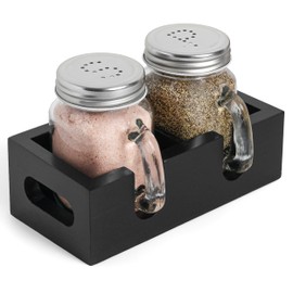 Mason Jar Salt and Pepper Shakers - Glass Shaker Set with Wood Holder Caddy, Easy to Clean & Refill for Farmhouse Kitchen Table, Home and Gifts (Black)