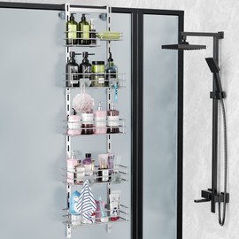Orimade Over The Door Shower Caddy Adjustable 5 Tier Silver Grey,Bathroom Hanging Organizer Shelf Rustproof with 4 Hooks,Shower Basket with Soap Holder and Suction Cup