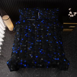 Nttopship Geometric Blue Black Comforter Set,Triangle Honeycomb 3 PCS Bedding Set Queen Size for Teen Adult,Modern Quilt Set Geometry Decor,Microfiber Lightweight 1 Comforter 2 Pillowcases