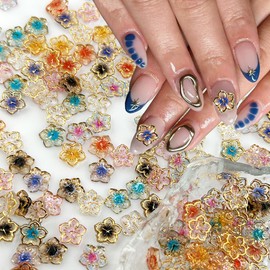 100Pcs Flower Nail Charms Resin Flowers Nail Rhinestones 3D Mini Clear Gold Edge Petals Design Spring Summer Nail Art Supplies Cute Floral Nail Jewels Nail Gems for Women Girls Acrylic Nail Decor DIY