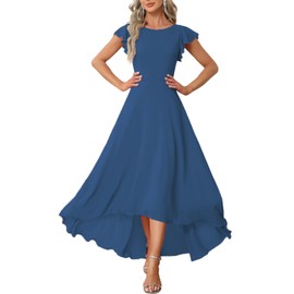 FairyLove Women's Evening Elegant Ruffle Mermaid Guest V Neck Cocktail Party Bridesmaid Cap Sleeve Dresses Blue
