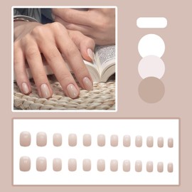 French Tip False Nails - 24pcs Nude Fake Nails with Glue - 12 Sizes Glossy Nude Press on Nails - Short Square Glue on Nail - Full Cover Acrylic Stick on Nail Long Lasting Elegant for Women
