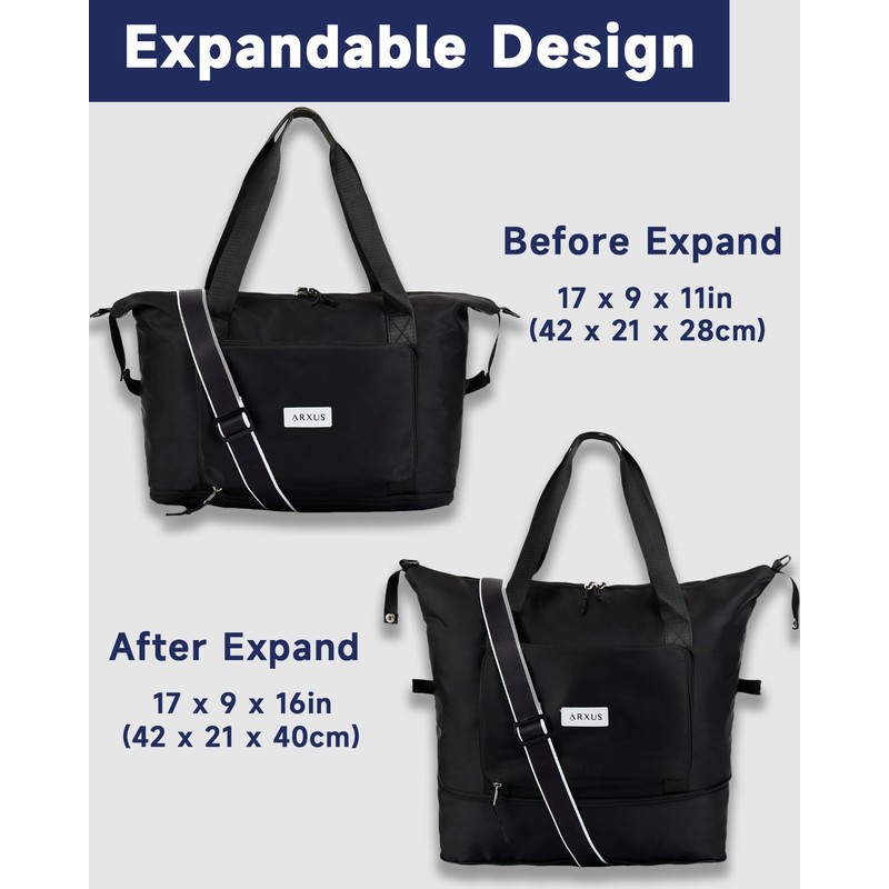 Arxus Large Folding Travel Duffle Bag, Expand Carry On Overnight