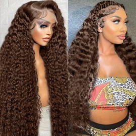 ABSFWIW 30 Inch Chocolate Brown Lace Front Wig Human Hair 13x6 Deep Wave Lace Front Wigs Human Hair 180 Density HD Colored Deep Curly Lace Frontal Wigs for Woman Pre Plucked with Baby Hair