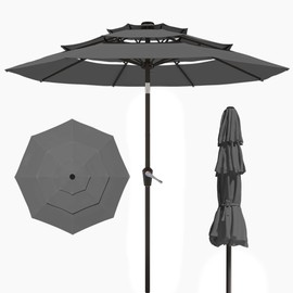 Patio Kingdom 10FT Patio Umbrella 3 Tiers Outdoor Market Umbrella w/Push Button Tilt, Crank, UV and Waterproof Table Umbrella for Garden, Pool, Backyard, Deck, Lawn, Grey