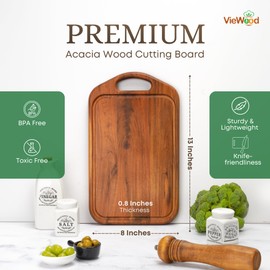 VieWood Acacia Wood Cutting Board with Handle, 13x8 Inch Wooden Board for Kitchen, Serving, Charcuterie and Cheese, Juice Groove, Knife Friendly