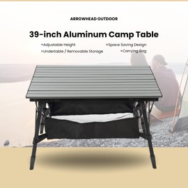 ARROWHEAD OUTDOOR 39" Aluminum Folding Camp Roll Up Table w/Adjuatble Height, Undertable Mesh Storage, Carry Bag