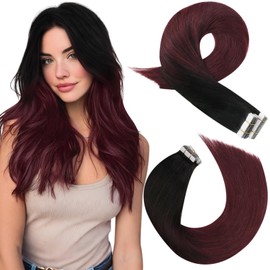 Moresoo Tape Extensions, Real Hair, Balayage Black to Burgundy, #1B/99J, 45 cm, Invisible Tape-In Human Hair Extensions, 20 Pieces, 50 g