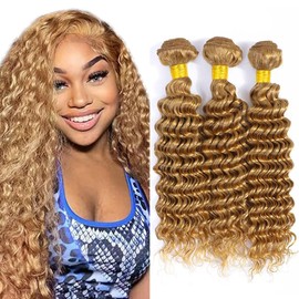 22 24 26 Inch Honey Blonde Bundles Color #27 Deep Wave Human Hair Bundles Honey Blonde Deep Wave Bundles Human Hair Color 27 Honey Blonde Bundles Hair Weave